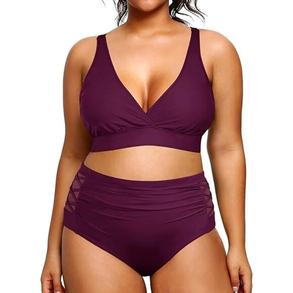 Yonique Womens Size 14 Two Piece Bikini Set V Neck Side lattice mesh insets - Picture 1 of 8